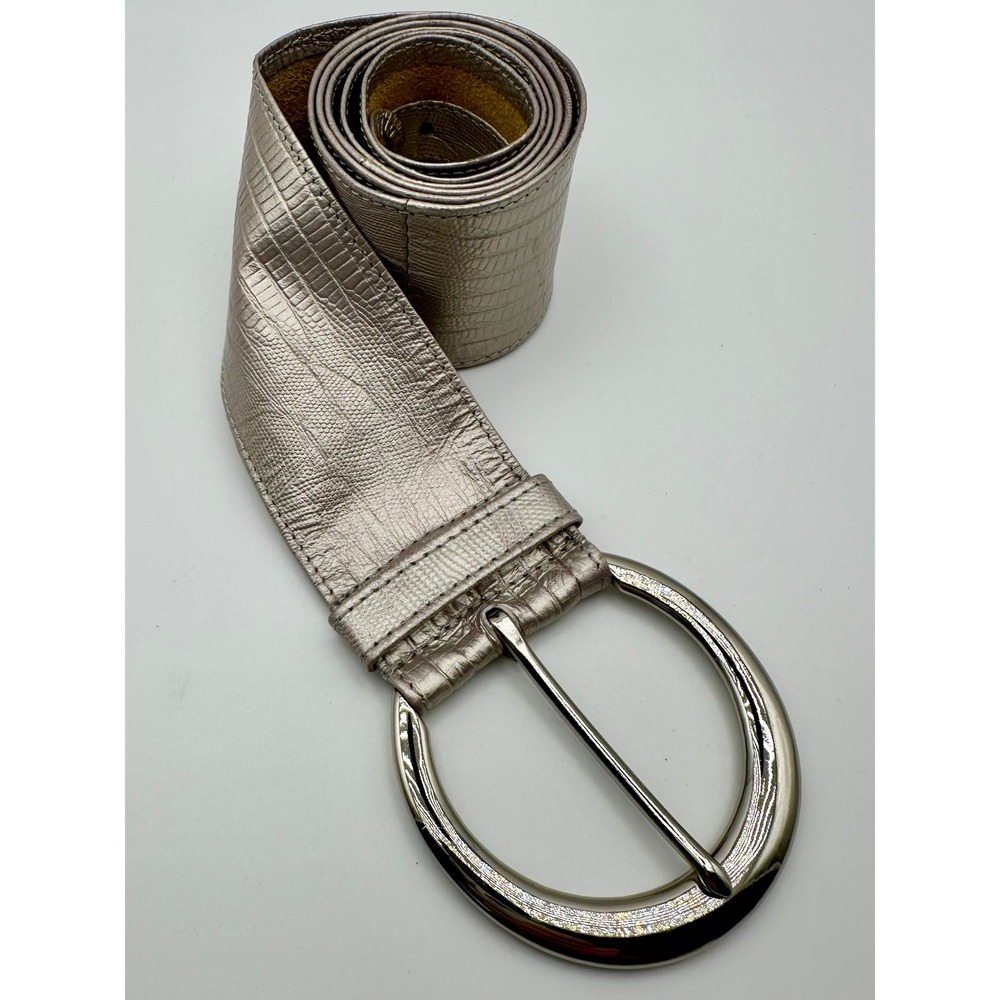 Chico's Wide Waist Belt Womens Lg Silver Metallic Lizard Embossed Round Buckle